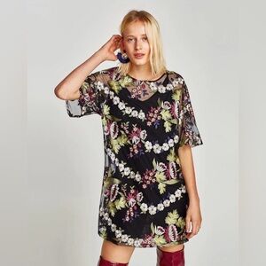 NWT Vintage Zara Embroidered Floral Mesh Dress Size M | Sheer Black Shift